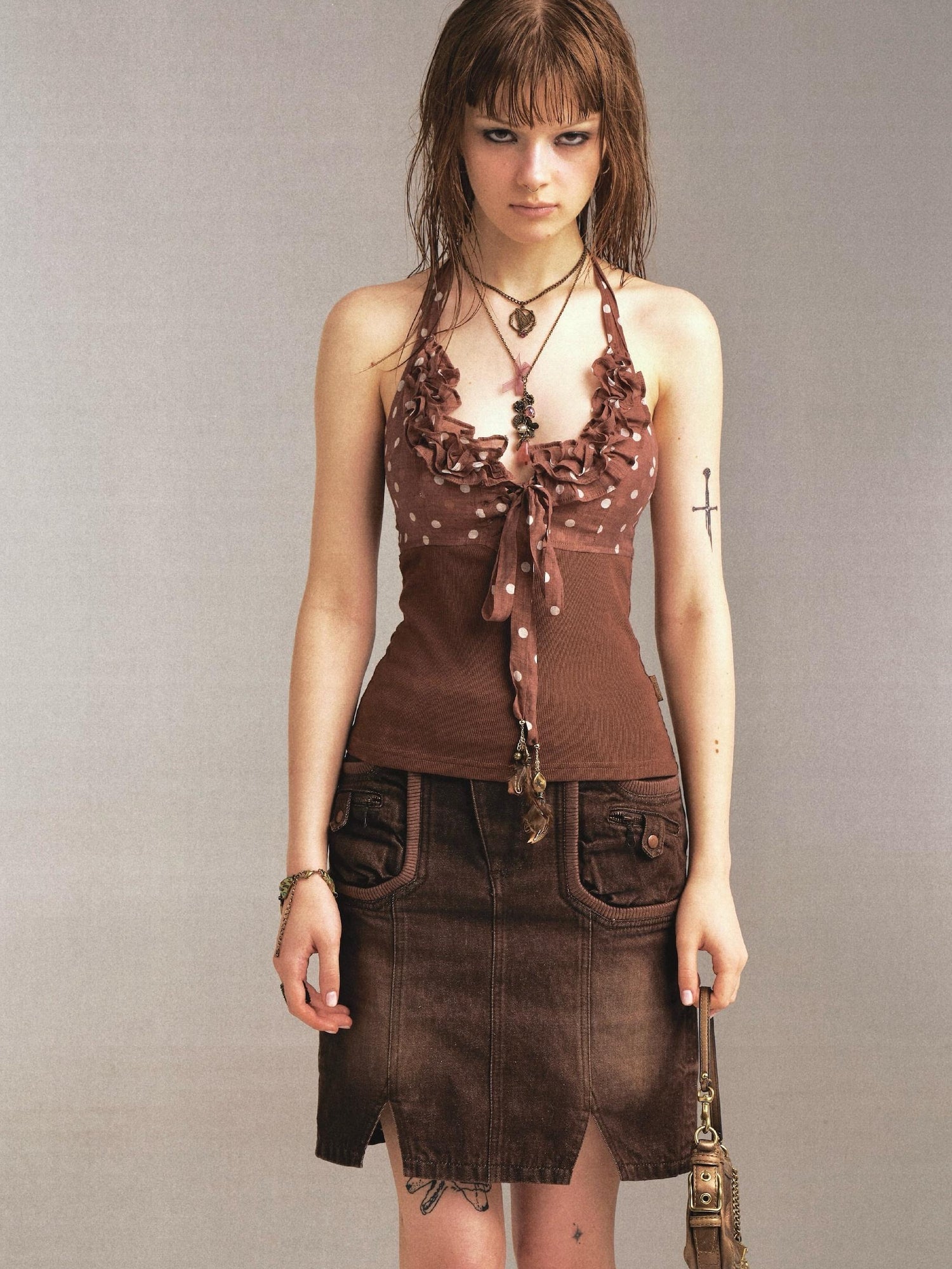 Flowers birds Market Flower Bird Print Denim Paneled Denim Skirt