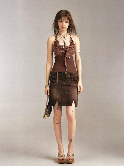 Flowers birds Market Flower Bird Print Denim Paneled Denim Skirt