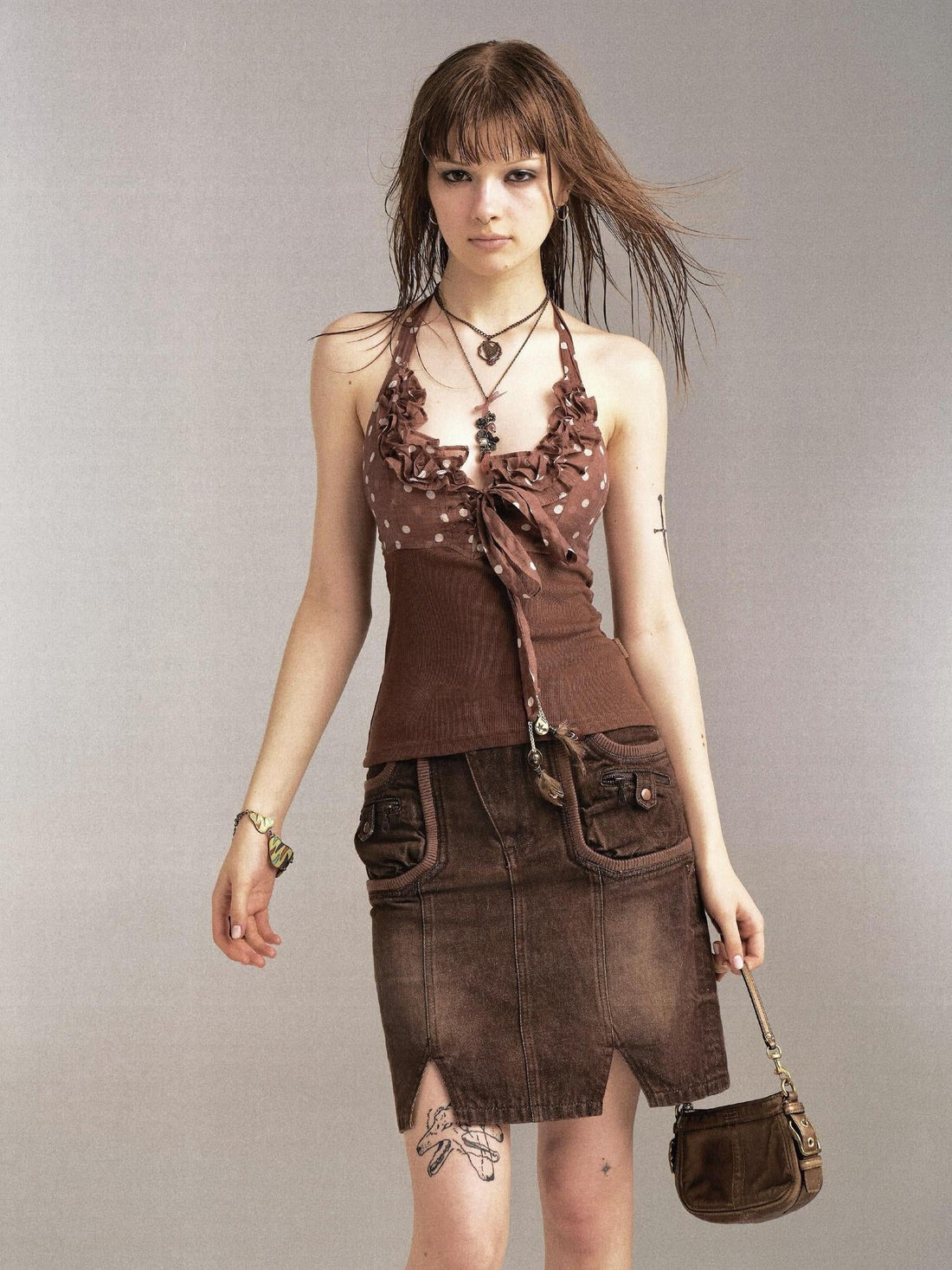 Flowers birds Market Flower Bird Print Denim Paneled Denim Skirt