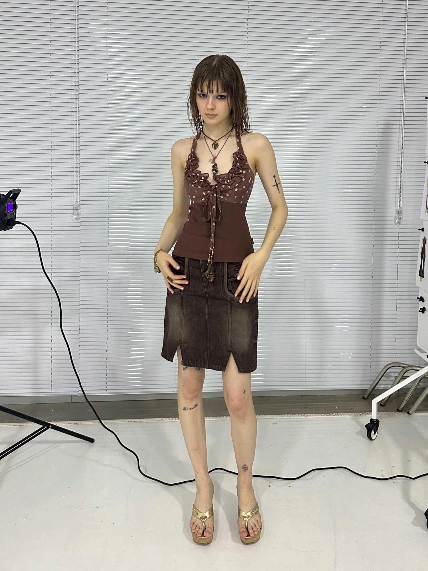 Print Denim Paneled Denim Skirt