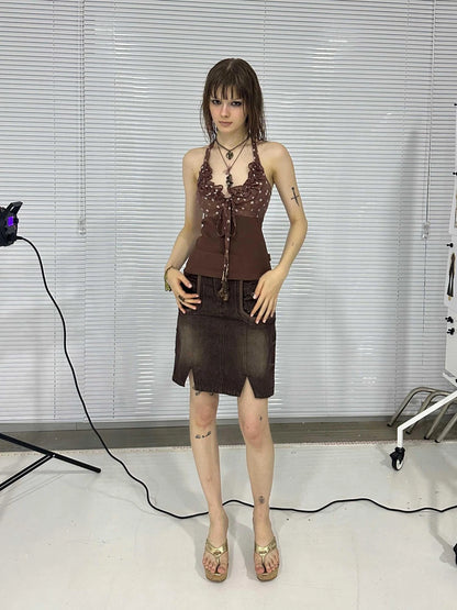 Print Denim Paneled Denim Skirt