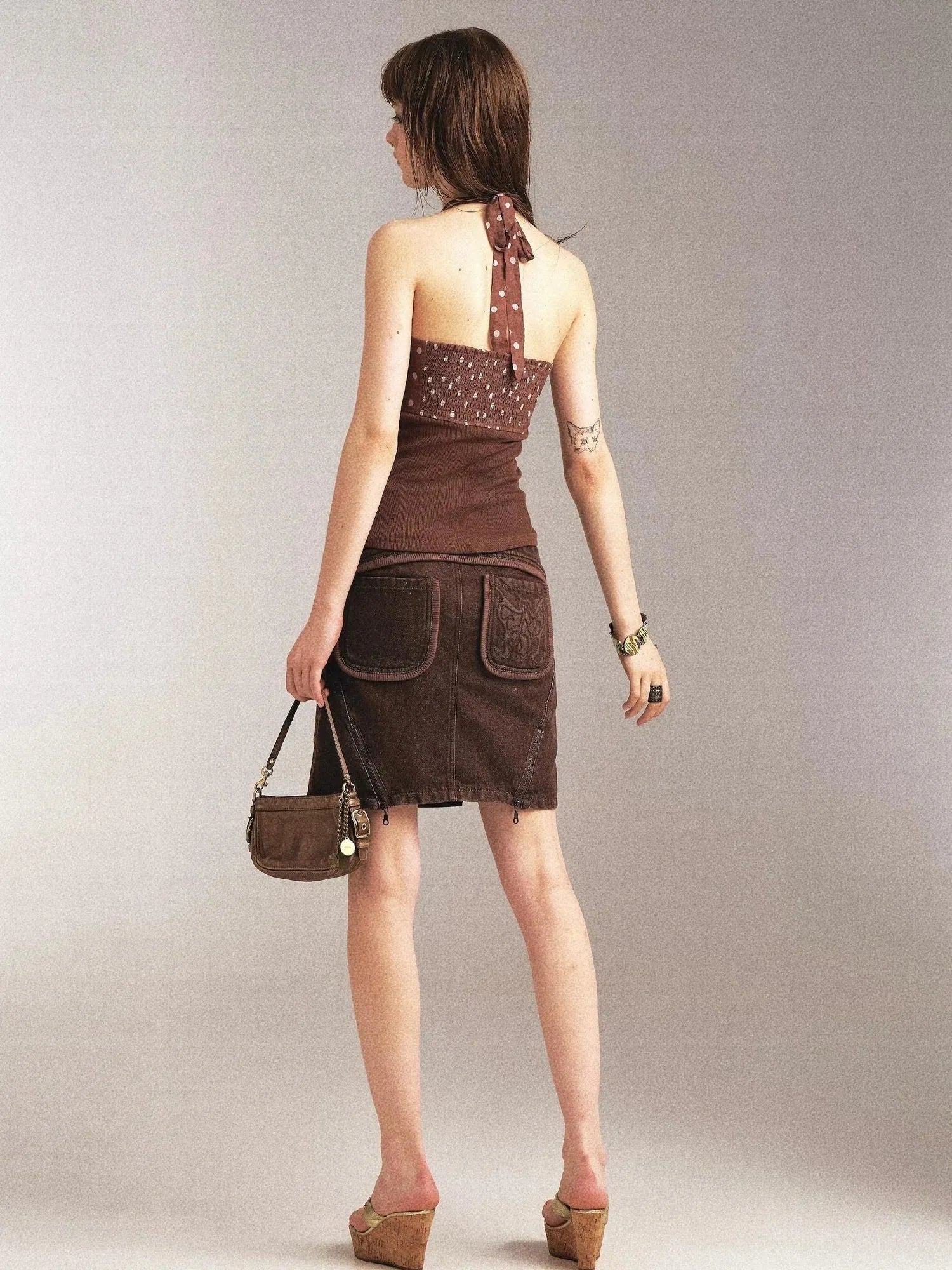 Print Denim Paneled Denim Skirt