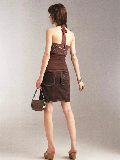 Print Denim Paneled Denim Skirt