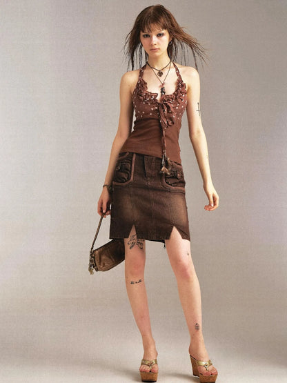 Print Denim Paneled Denim Skirt