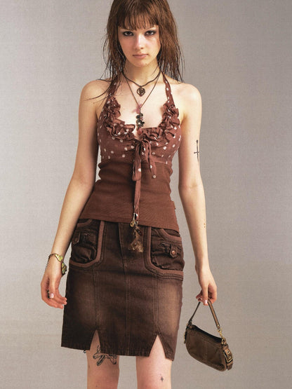 Flowers birds Market Flower Bird Print Denim Paneled Denim Skirt