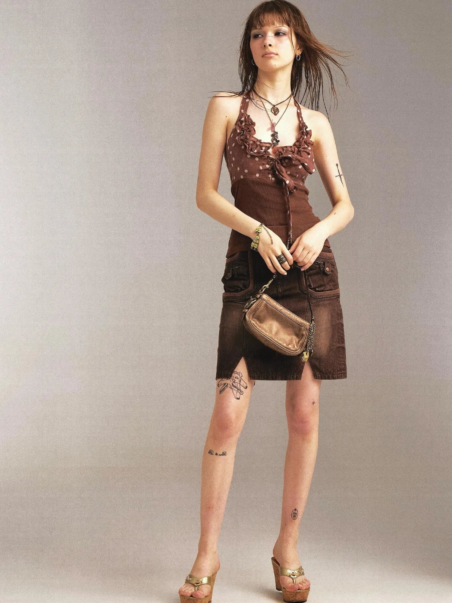 Print Denim Paneled Denim Skirt