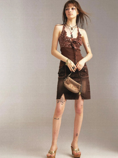 Print Denim Paneled Denim Skirt