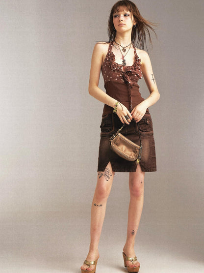 Flowers birds Market Flower Bird Print Denim Paneled Denim Skirt
