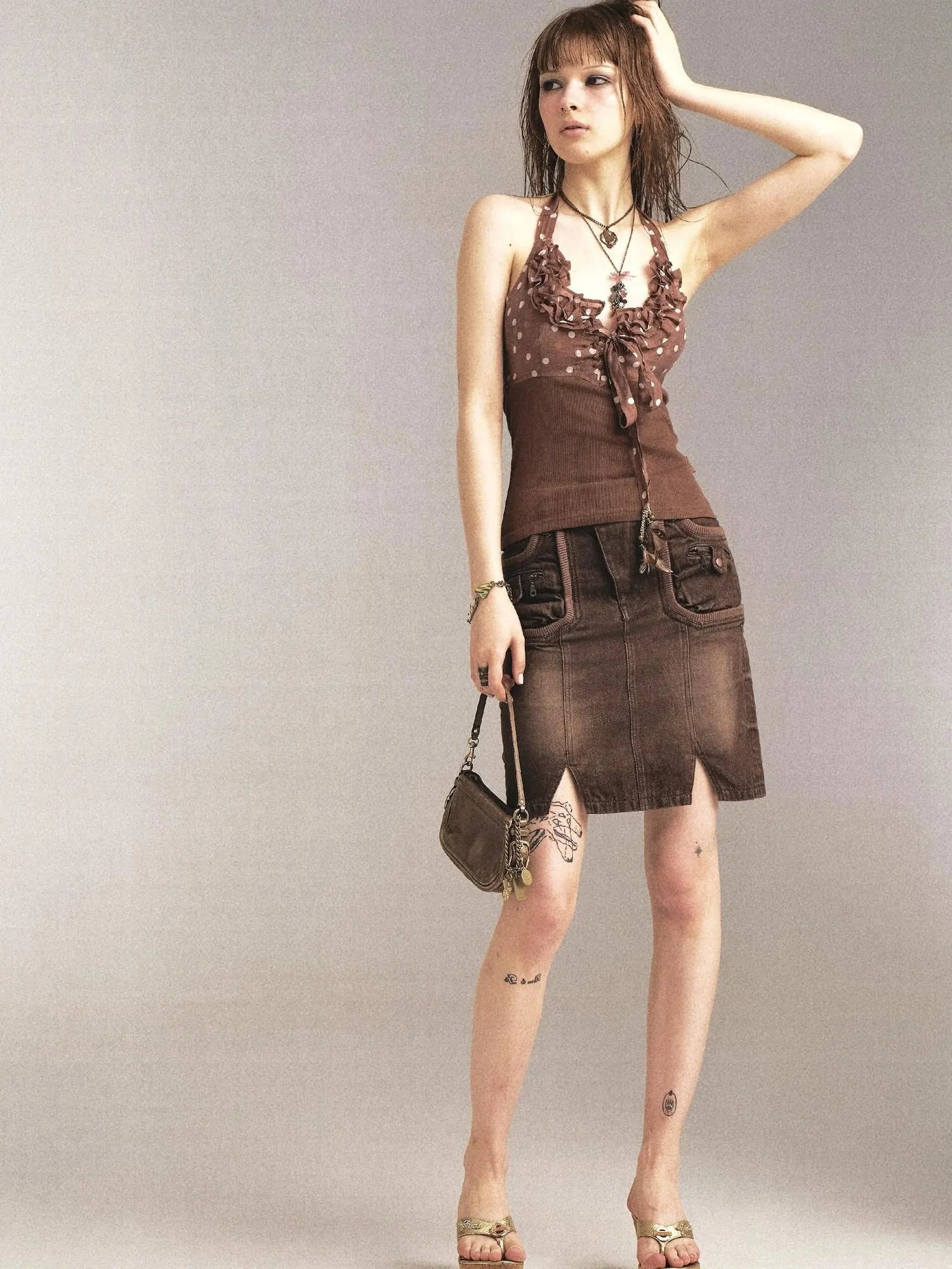 Print Denim Paneled Denim Skirt