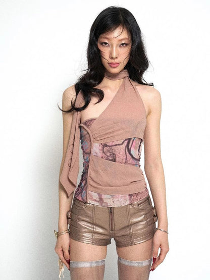 Flowy  Mesh Halter Top With Lace Trim