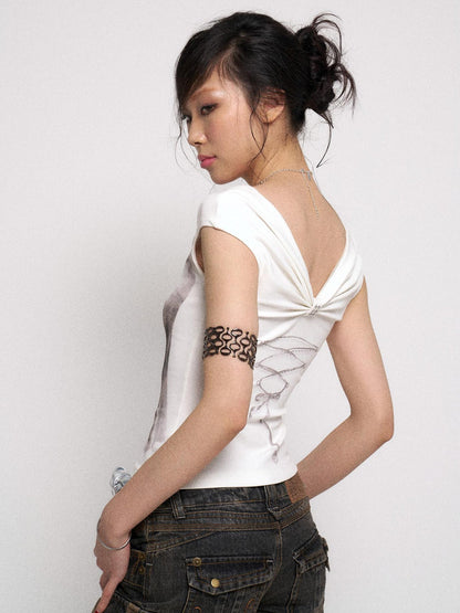 Flowers birds Market Floyd Diamond Bow Backless Sleeveless Slim Fit Tee