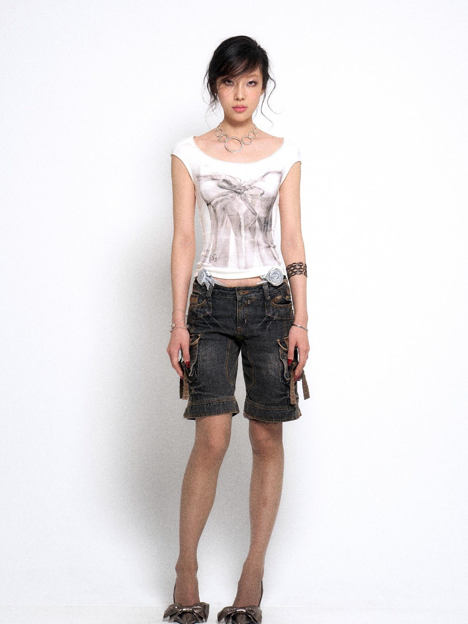 Flowers birds Market Floyd Diamond Bow Backless Sleeveless Slim Fit Tee