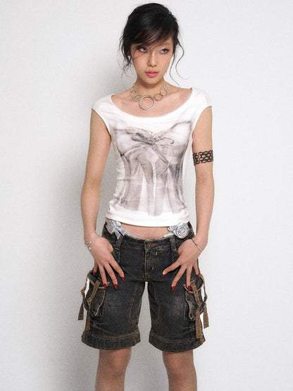 Flowers birds Market Floyd Diamond Bow Backless Sleeveless Slim Fit Tee