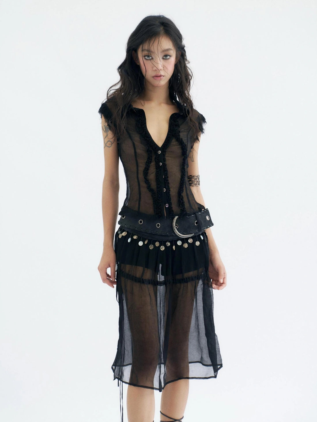 Flowers birds Market Fringe Hem Pleated Cotton Denim A Line Mid Rise Women Citywalk Midi Skirt