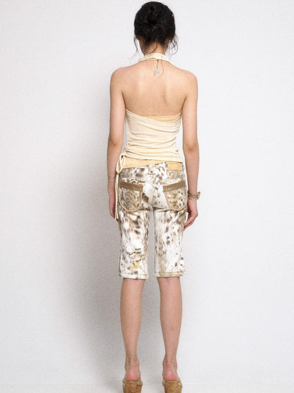 Flowers birds Market Gradient Leopard Print Denim PU Belted Flare Shorts