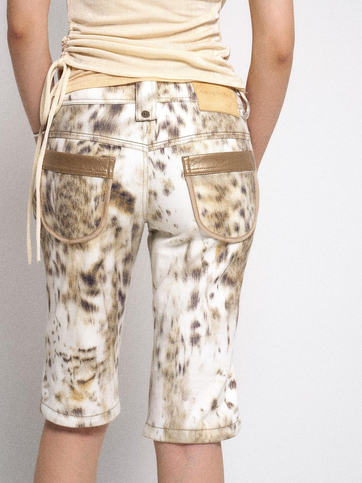 Flowers birds Market Gradient Leopard Print Denim PU Belted Flare Shorts
