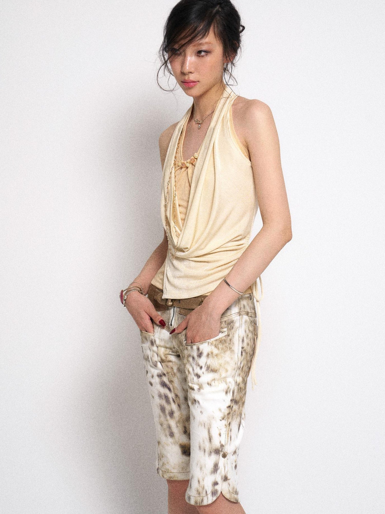 Flowers birds Market Gradient Leopard Print Denim PU Belted Flare Shorts