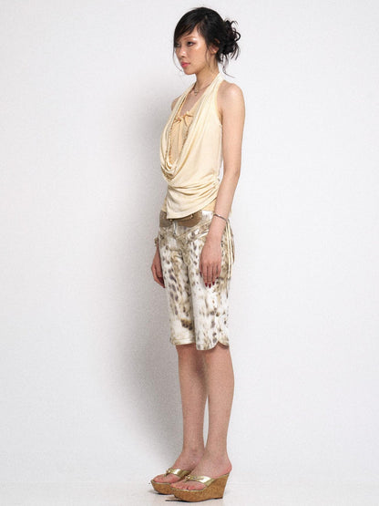 Flowers birds Market Gradient Leopard Print Denim PU Belted Flare Shorts