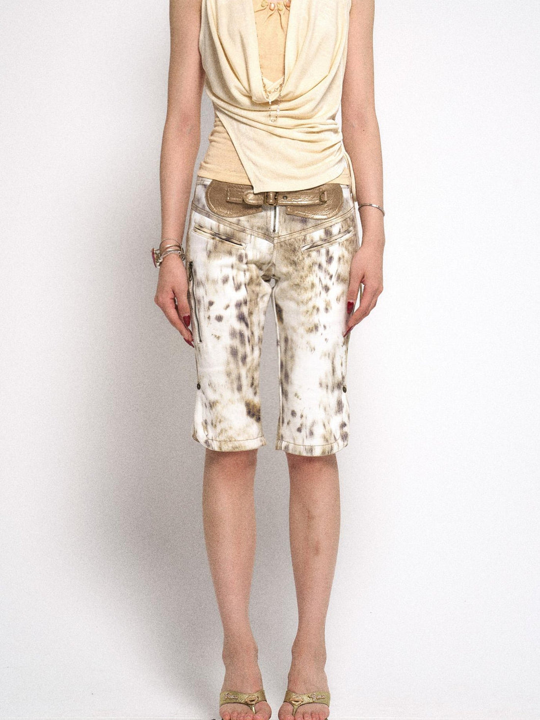 Flowers birds Market Gradient Leopard Print Denim PU Belted Flare Shorts