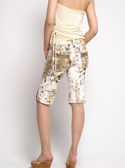 Gradient Leopard Print Denim PU Belted Flare Shorts