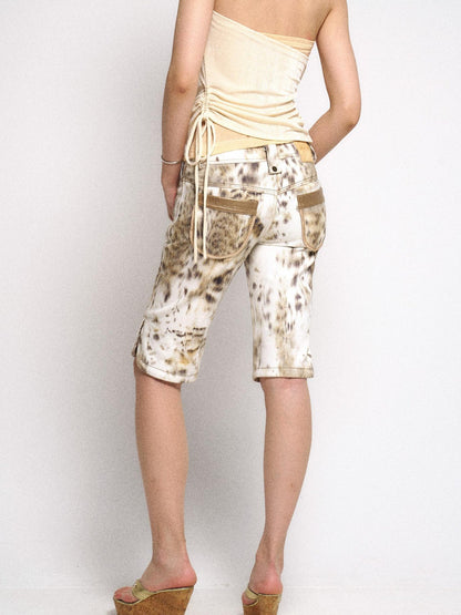 Flowers birds Market Gradient Leopard Print Denim PU Belted Flare Shorts
