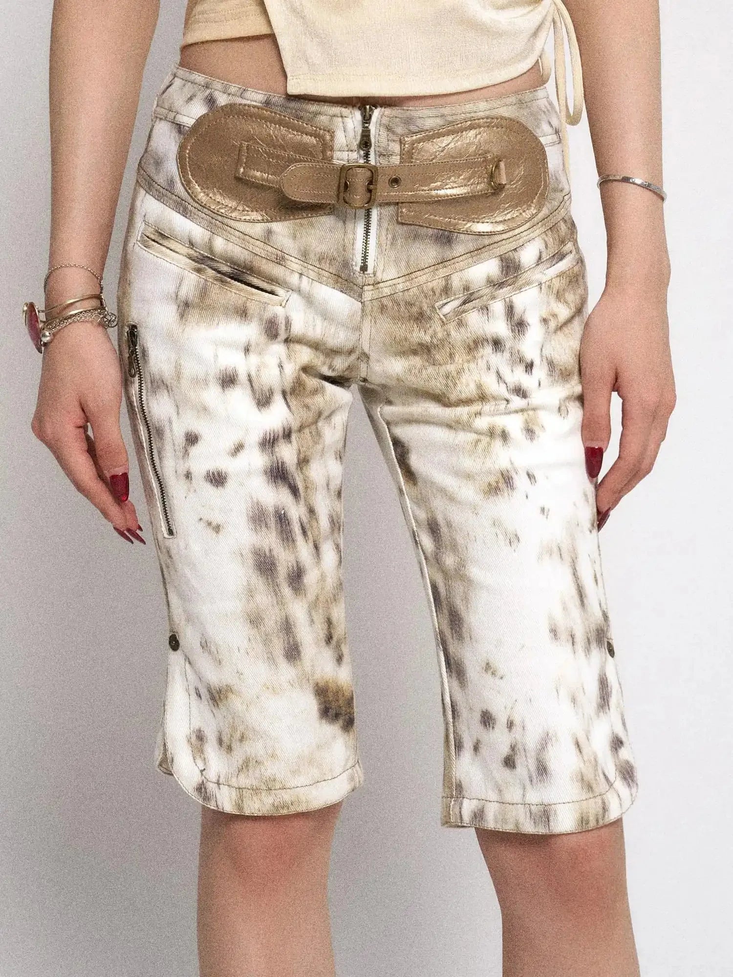 Gradient Leopard Print Denim PU Belted Flare Shorts