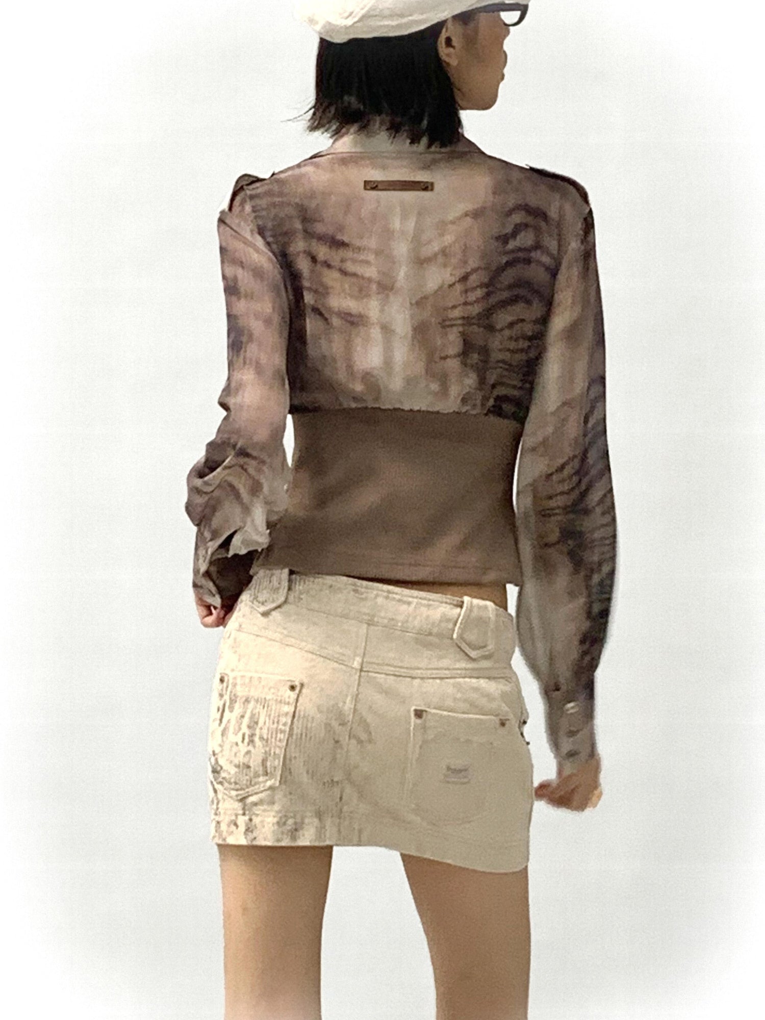 Flowers birds Market Gradient Leopard Print Washed Denim Mini Skirt