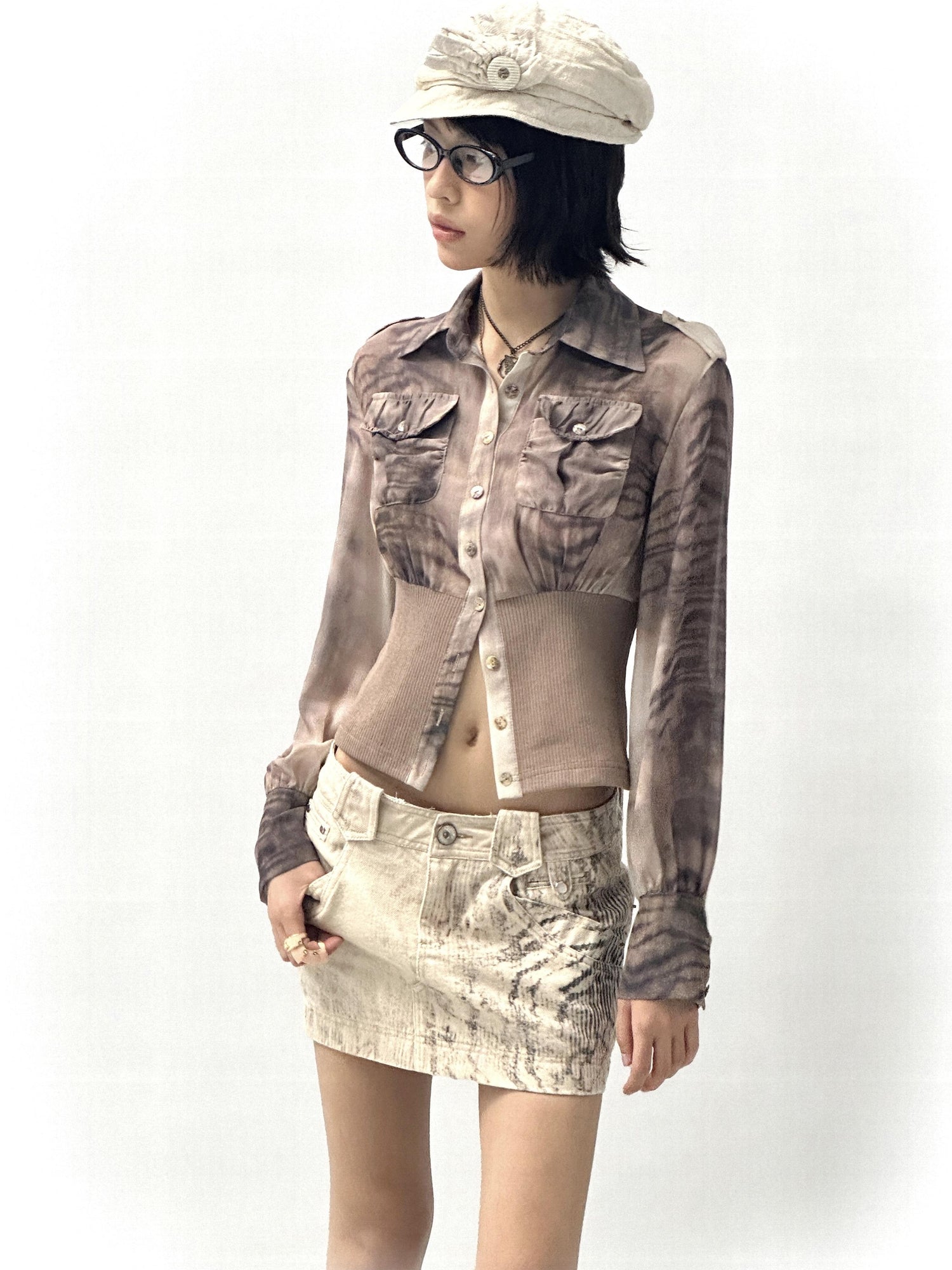 Flowers birds Market Gradient Leopard Print Washed Denim Mini Skirt