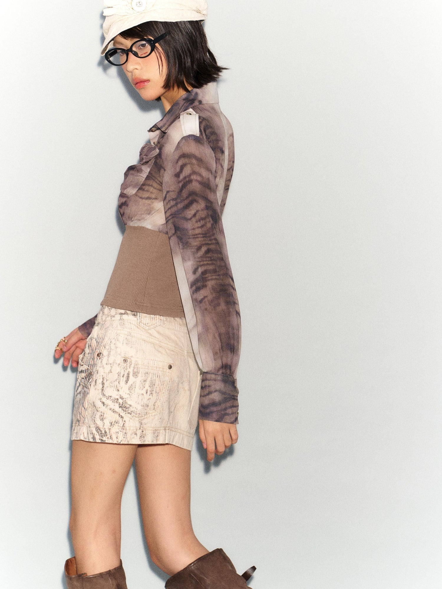 Flowers birds Market Gradient Leopard Print Washed Denim Mini Skirt