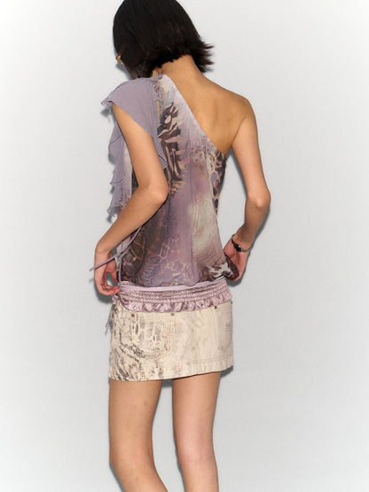 Gradient Leopard Print Washed Denim Mini Skirt