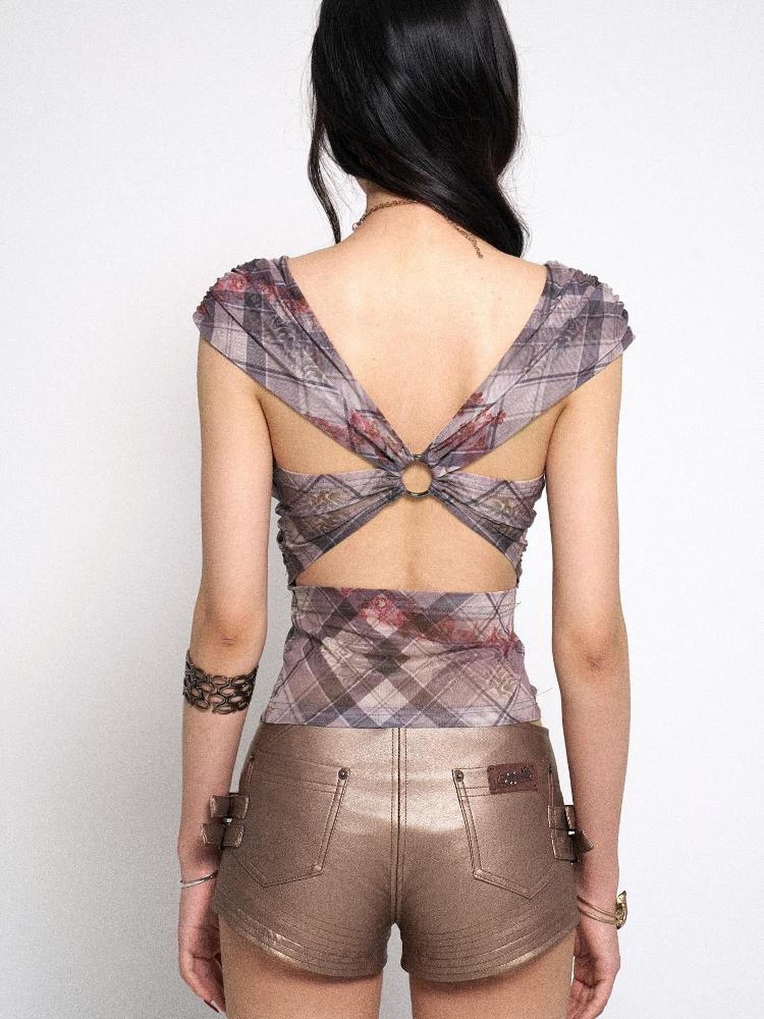 Flowers birds Market Grid Floral Sheer Mesh Camisole Top