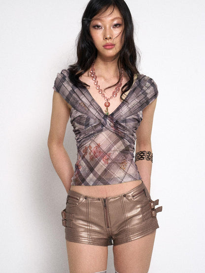 Flowers birds Market Grid Floral Sheer Mesh Camisole Top