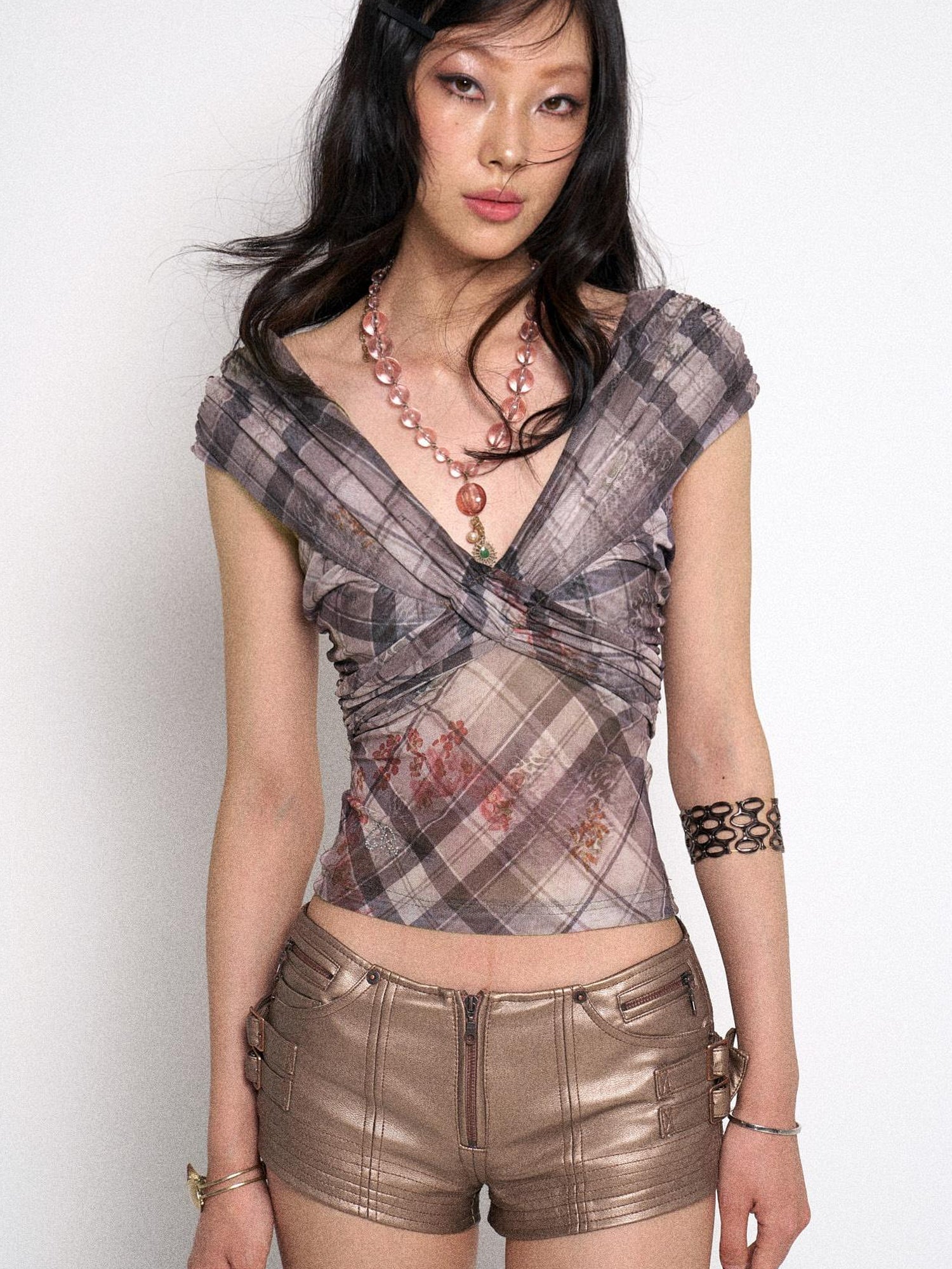 Flowers birds Market Grid Floral Sheer Mesh Camisole Top