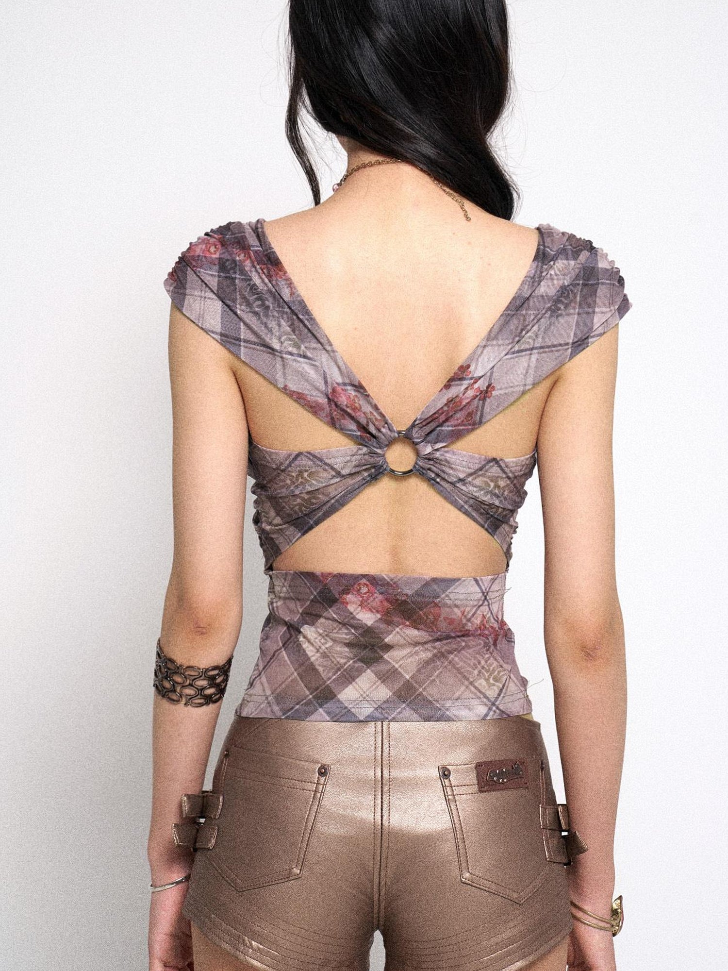 Flowers birds Market Grid Floral Sheer Mesh Camisole Top