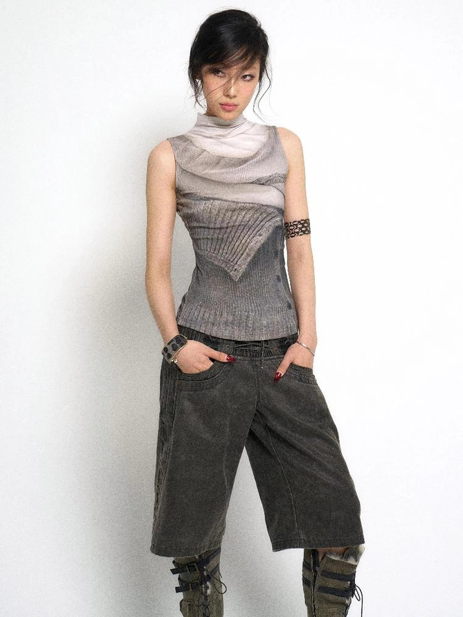 High Neck Knitted Sweater Elongated Fit Custom Logo Grey