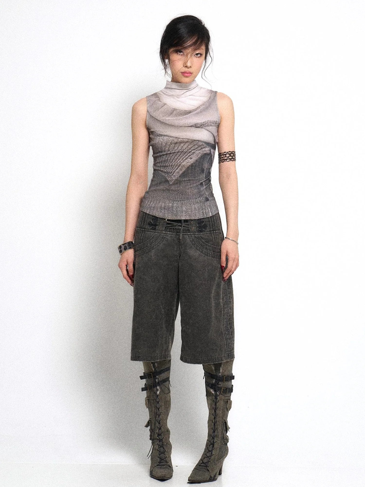 High Neck Knitted Sweater Elongated Fit Custom Logo Grey