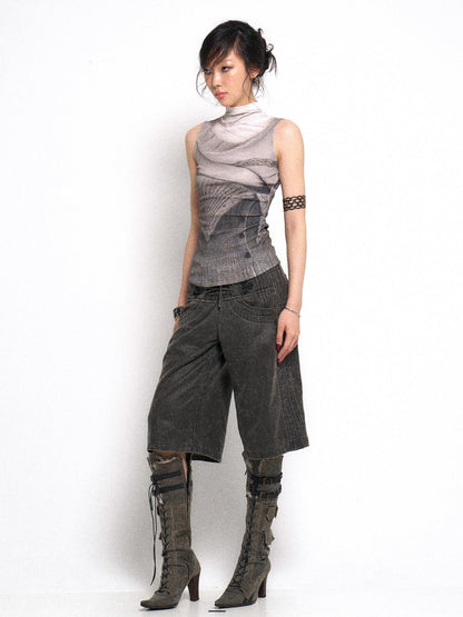 Flowers birds Market High Neck Knitted Sweater Elongated Fit Custom Logo Grey