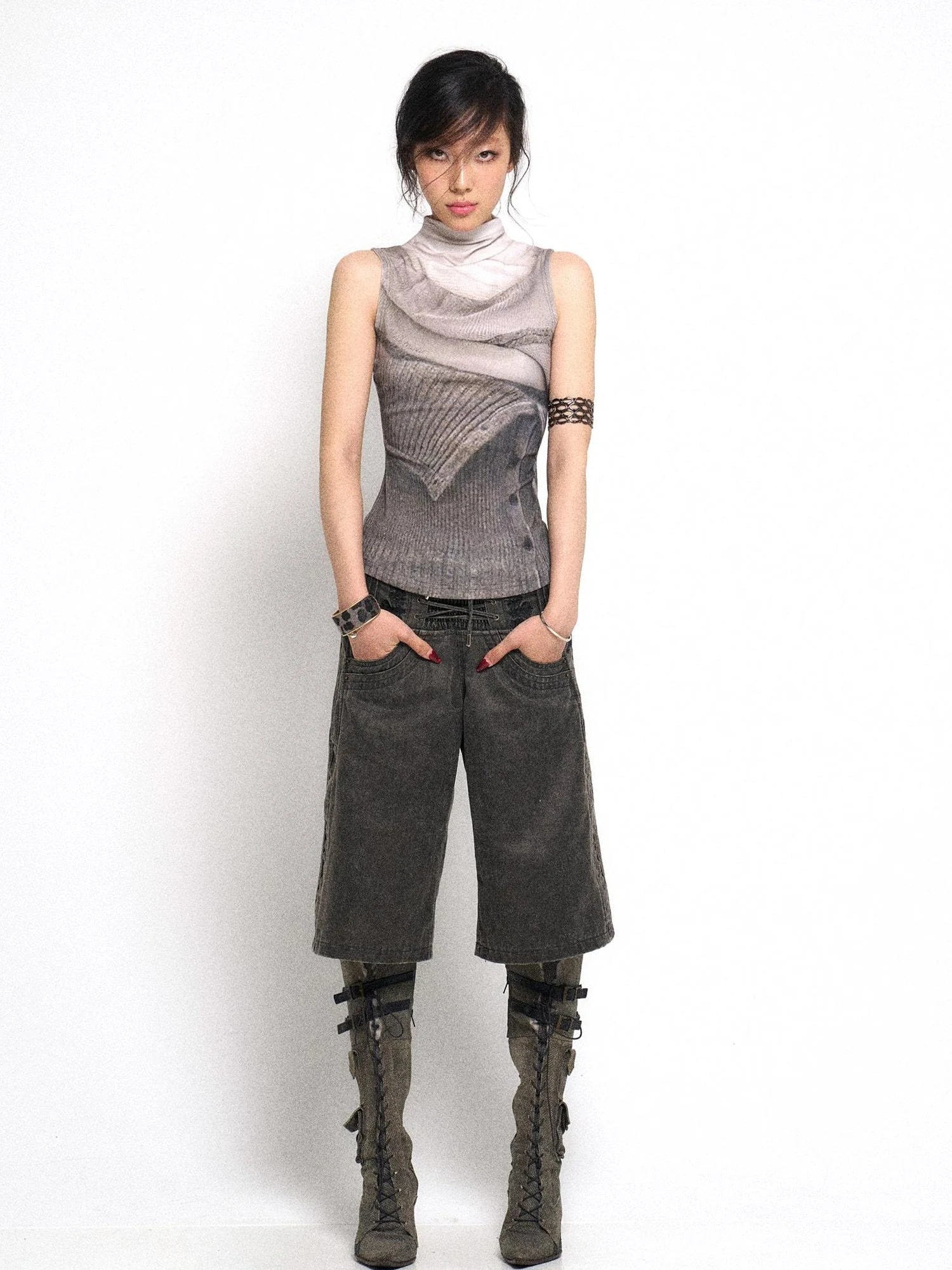 High Neck Knitted Sweater Elongated Fit Custom Logo Grey