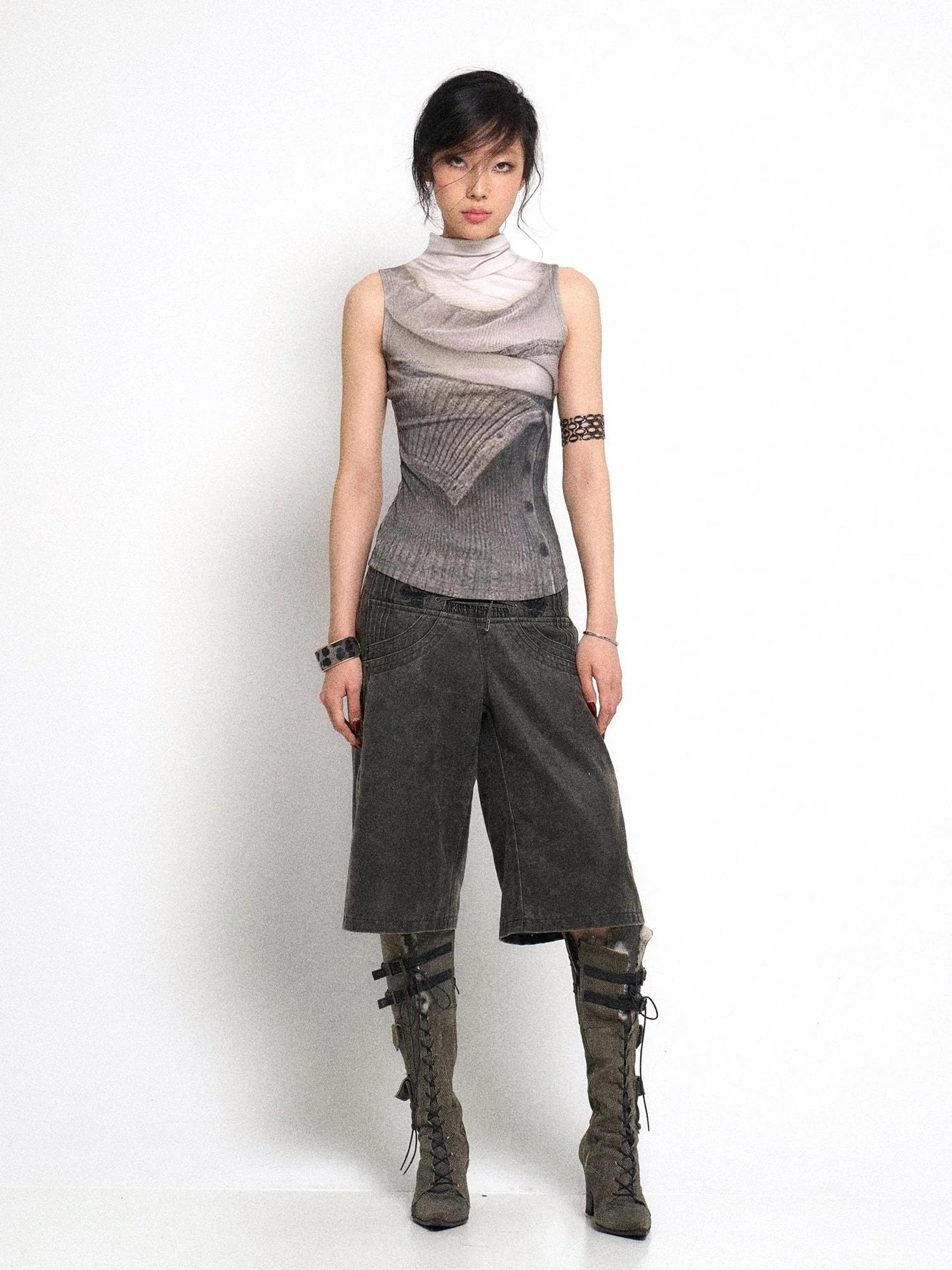 High Neck Knitted Sweater Elongated Fit Custom Logo Grey