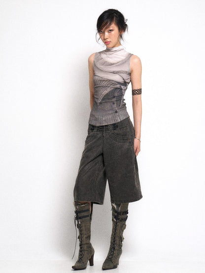 Flowers birds Market High Neck Knitted Sweater Elongated Fit Custom Logo Grey