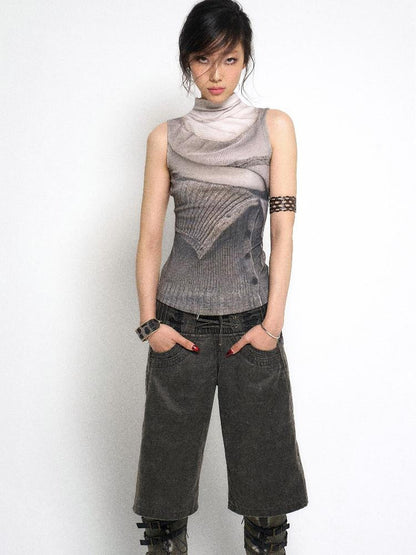 Flowers birds Market High Neck Knitted Sweater Elongated Fit Custom Logo Grey
