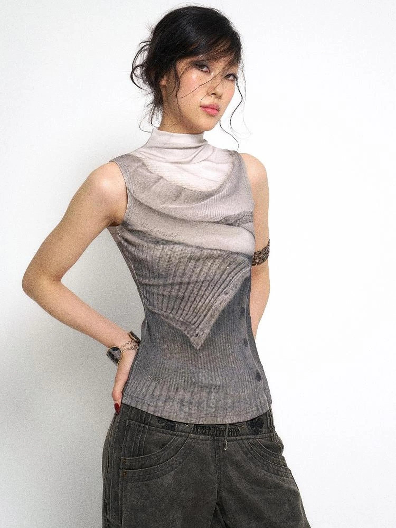 High Neck Knitted Sweater Elongated Fit Custom Logo Grey