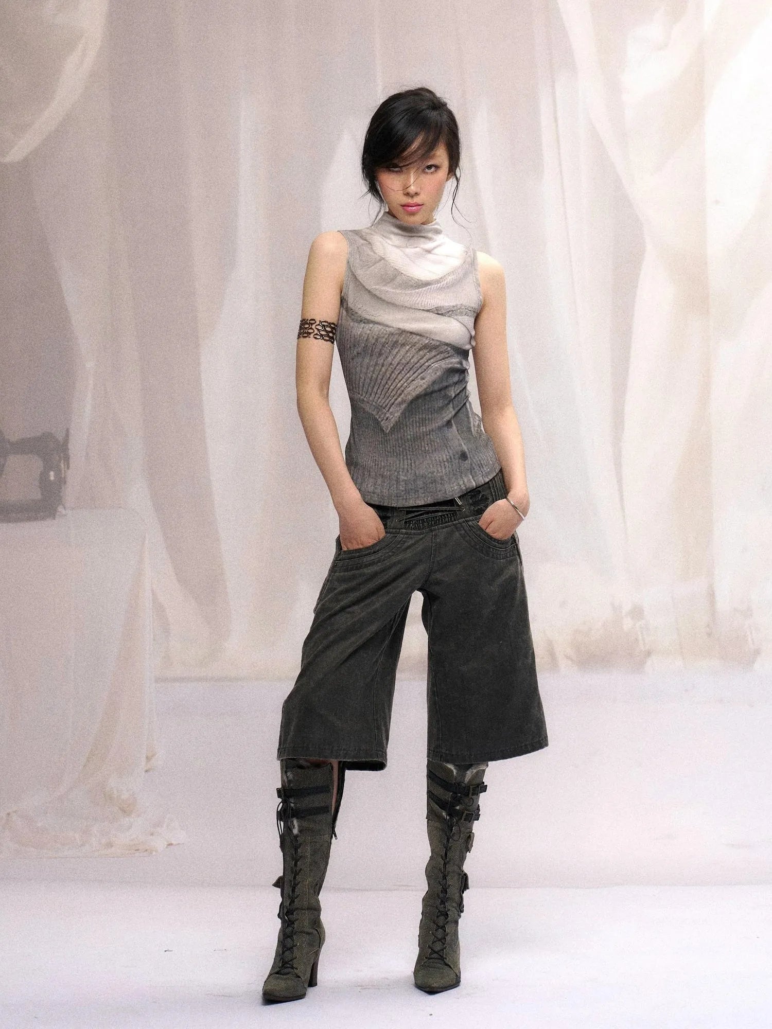 High Neck Knitted Sweater Elongated Fit Custom Logo Grey