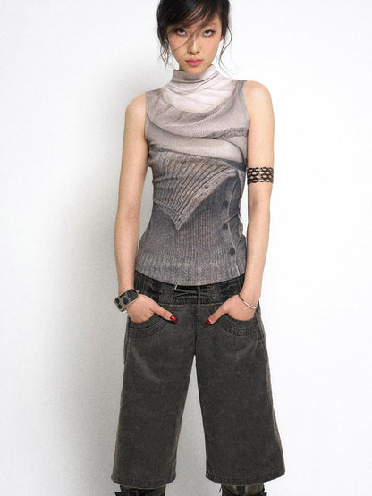Flowers birds Market High Neck Knitted Sweater Elongated Fit Custom Logo Grey