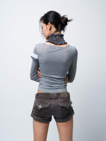 Flowers birds Market High Waist Slim Fit Washed Slight Stretch Casual Women Vintage Blue Denim Shorts