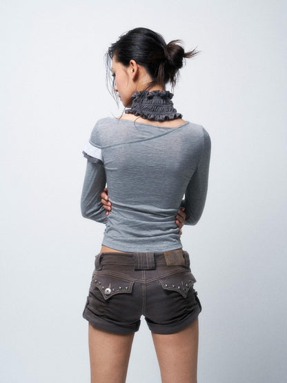 Flowers birds Market High Waist Slim Fit Washed Slight Stretch Casual Women Vintage Blue Denim Shorts