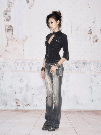 Flowers birds Market High Waist Washed Ripped Micro Stretch Casual Button Fly Women Denim Slim Jeans