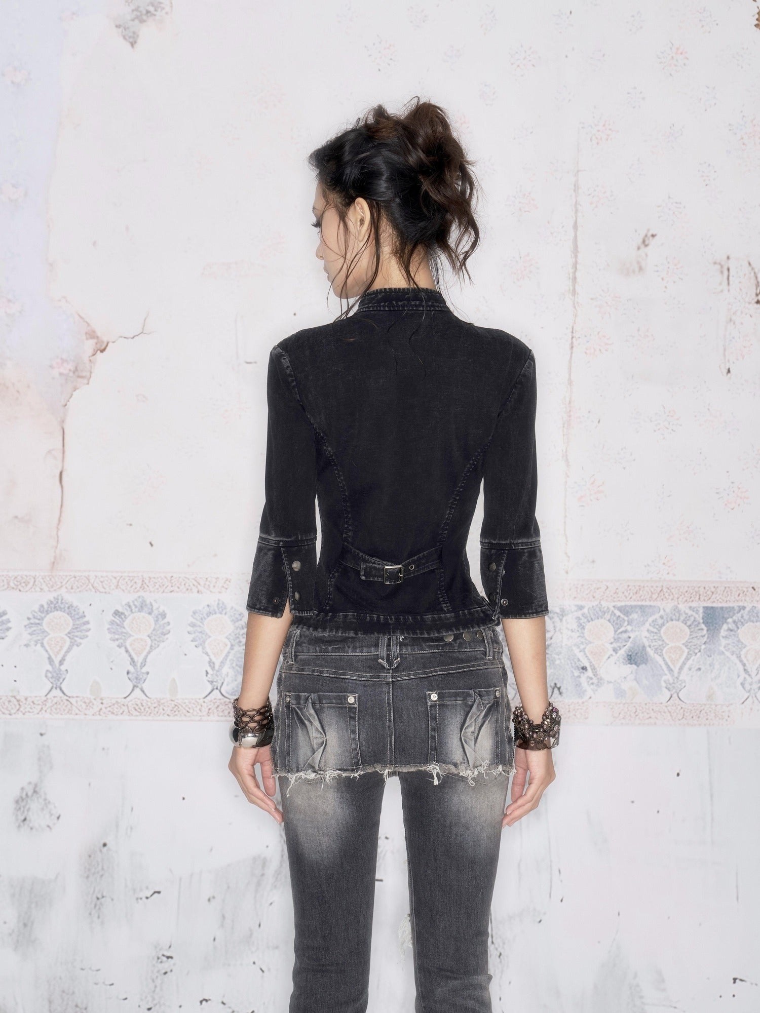 Flowers birds Market High Waist Washed Ripped Micro Stretch Casual Button Fly Women Denim Slim Jeans