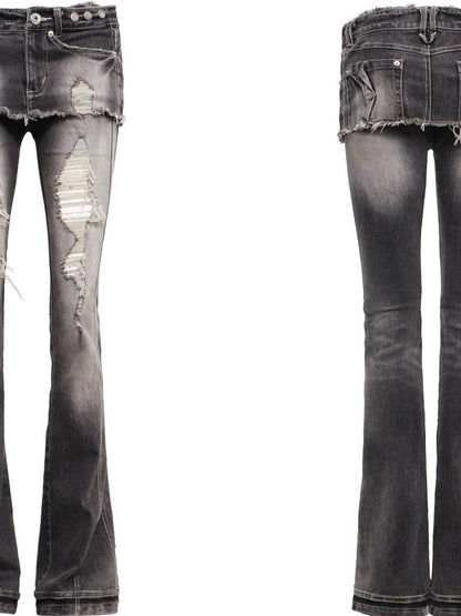 Flowers birds Market High Waist Washed Ripped Micro Stretch Casual Button Fly Women Denim Slim Jeans
