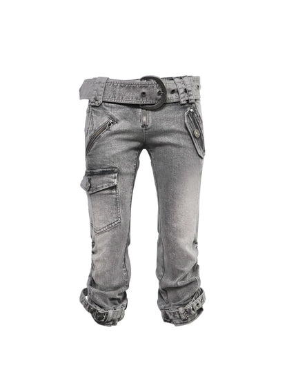Flowers birds Market High Waist Washed Slim Fit Pocket Light Gray Stretch Women Cropped Jeans